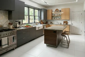 A modern kitchen featuring white tile flooring in Loganton, PA