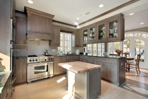 A kitchen with modern gray cabinets and updated countertops in Centre Hall, PA