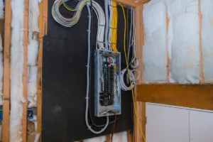 An open residential electrical panel in Loganton, PA