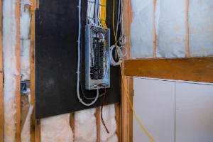 An open residential electrical panel in Loganton, PA