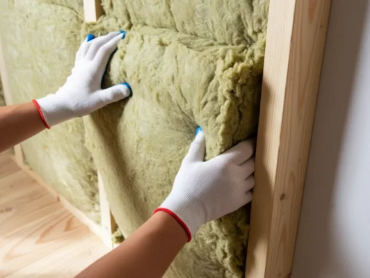 Insulation being installed in a residential home